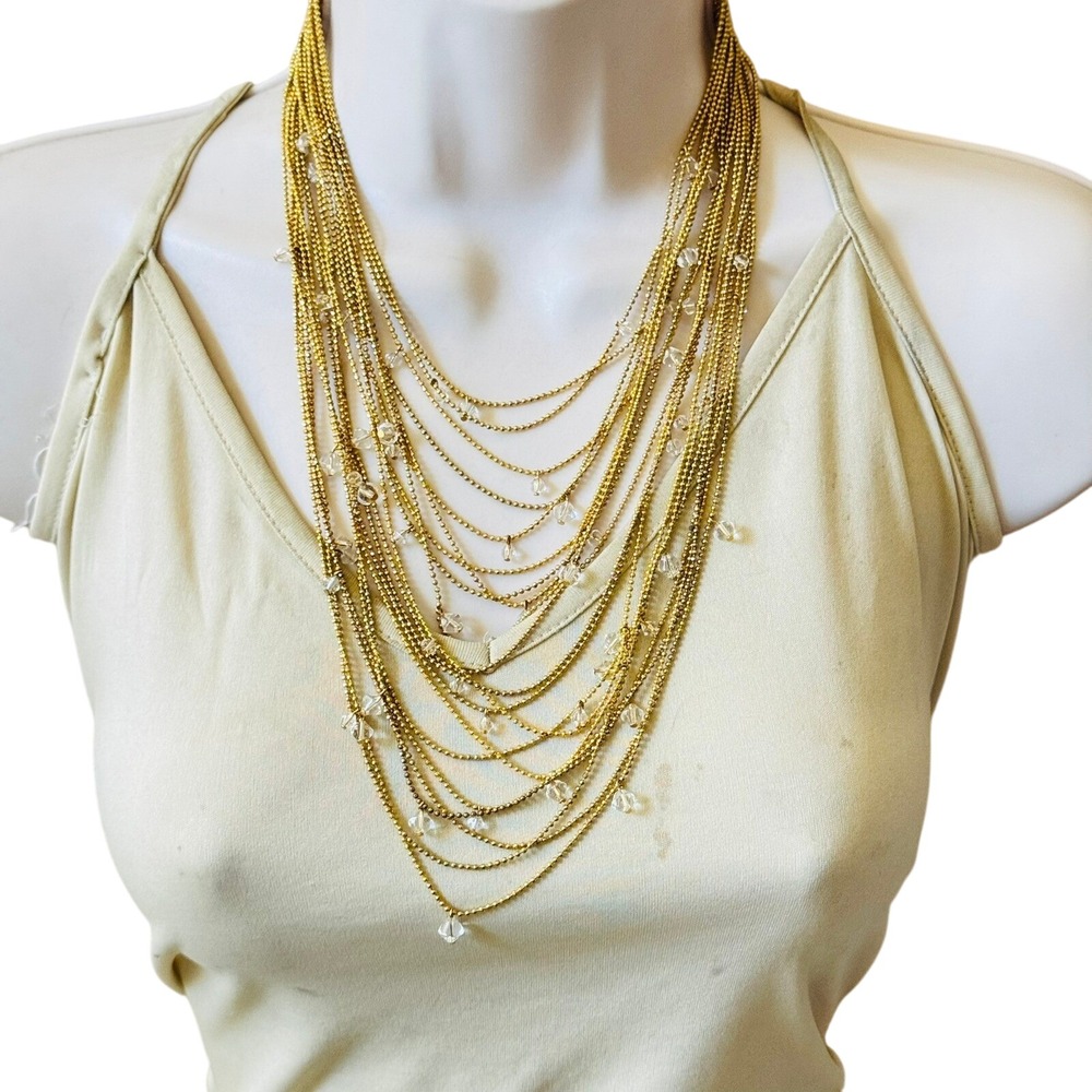 Runway Necklace Flashy 20 rows ball chain layered Statement Crystal beaded 18.5"